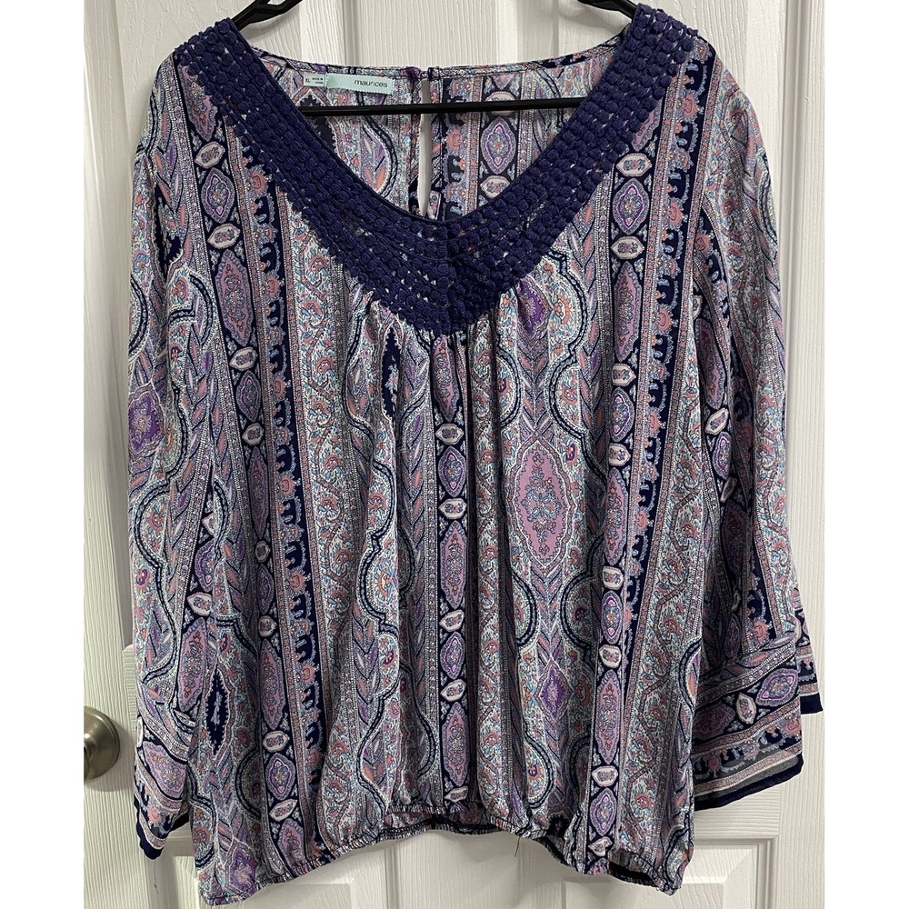 Maurices Women's Blouse Paisley Print Top Flowy‎ Sleeves Purple/Navy Blue Sz.XL